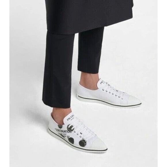PRADA 1E617M WHITE BLACK POLKA CANVAS LOGO POINTY CAP LOW TOP SNEAKERS 38.5 - Picture 2 of 15